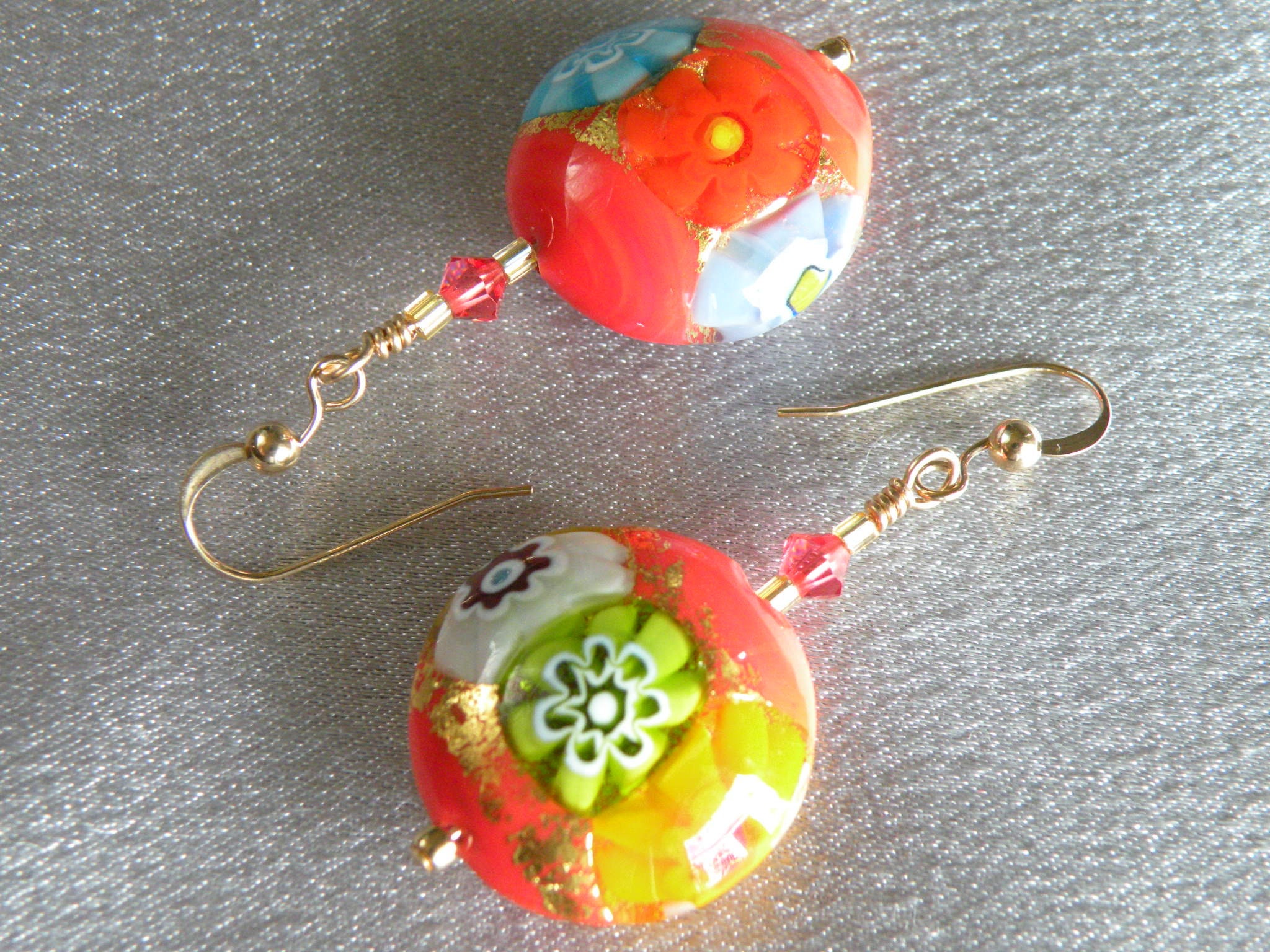 Boucles D'oreilles Perles En Verre Millefiori - Fond Orangé Et Cristal, Dormeuses Plaquées Or