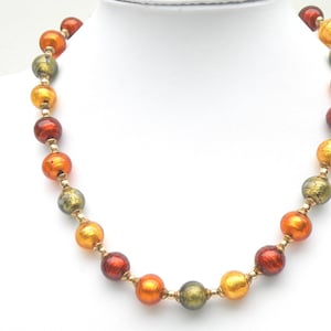 12MM Round Necklace, Murano Glass Venetian Beads with 24 Karat Gold Foil in Colors of Dark and Light Topaz, Olive Green; Gold Clasp image 1