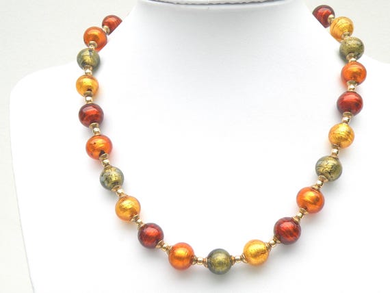 12MM Round Necklace, Murano Glass Venetian Beads with 24 Karat Gold Foil in Colors of Dark and Light Topaz, Olive Green; Gold Clasp
