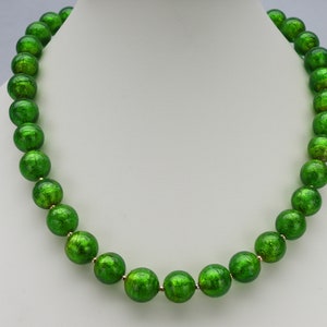 Green Murano Glass, Venetian Bead Necklace, 24 Karat Gold Foil, 12mm Round, Handmade, Lampworked, Emerald Green Italian Beads image 1