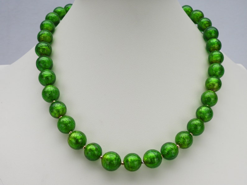 Green Murano Glass, Venetian Bead Necklace, 24 Karat Gold Foil, 12mm Round, Handmade, Lampworked, Emerald Green Italian Beads image 1