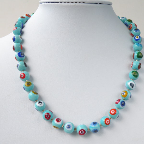 Turquoise 10mm Round Millefiori Murano Glass, Venetian Bead Necklace, 17 1/2 Inches Adjustable to 19 1/2 , Gold Filled Clasp and Link Chain