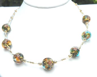 Round 12mm Venetian Bead Necklace, Murano Glass, Handmade Beads, 24 Kt. Gold Foil, Green, Aventurina, Black & Topaz; 18 Inches; low price.