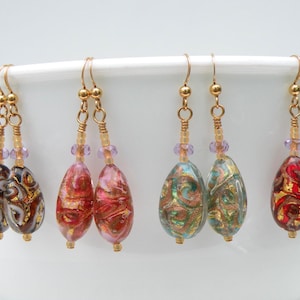 Handmade Venetian Bead Earrings, 18 x 12mm Vintage, Murano Glass Oval Beads, with 24 Karat Gold Foil, Aventurina, White Alabaster Glass
