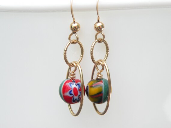 Orecchini Pendenti In Vetro Di Murano Millefiori Multicolore - Argento Sterling Placcato Oro - Fatti A Mano A Venezia Per Donna