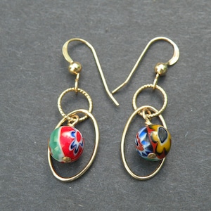 Murano Glass, Millefiori Dangle Earrings, with 8mm Round Smooth Beads within Gold Filled Oval Links, and Gold Filled Texted Round Link