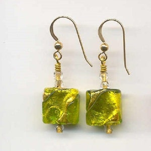 Lime Green Murano Glass, &quot;Exposed Gold&quot; Earrings, Venetian Glass Beads, 14mm Flat Cubes with 24 Karat Gold Foil, Handmade and Wirewrapped