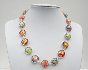 Murano Glass Venetian Bead Necklace with 17mm Colorful Swirls and 24 Karat Gold Foil Necklace, 18 to 20 Inches, Gold Filled Clasp & Chain