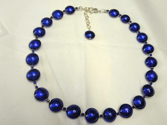 Cobalt Blue Murano Glass Necklace, Venetian Bead 15mm Lentils, Discs with Silver Foil; Sterling Silver Chain & Clasp