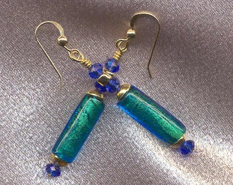 Murano Glass Earrings, Venetian Glass Beads, 20x6mm Aqua & 24 Karat Gold Foil Tubes, Wire Wrapped, Dangles, with Blue Crystals