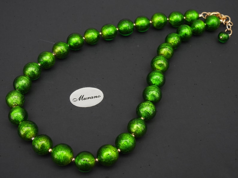 Green Murano Glass, Venetian Bead Necklace, 24 Karat Gold Foil, 12mm Round, Handmade, Lampworked, Emerald Green Italian Beads image 10