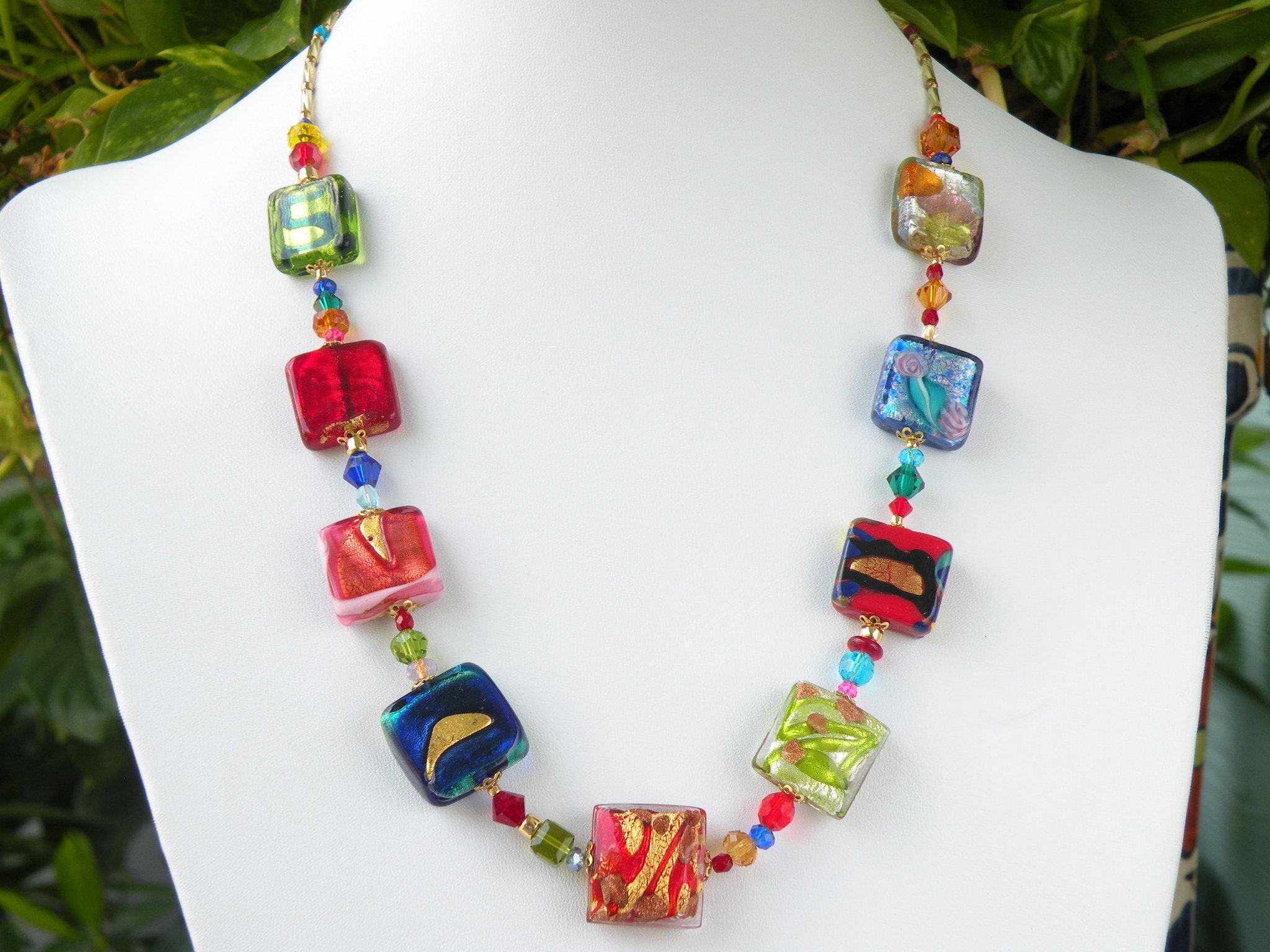 Square Shaped Venetian Bead Necklace Artistic Murano Glass With