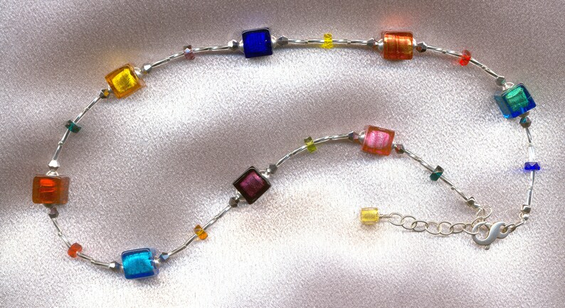 Murano Glass Multicolored Venetian Cube Shaped Beaded Necklace with Foil and Crystal Accents with Sterling Silver Clasp and Adjustable Chain