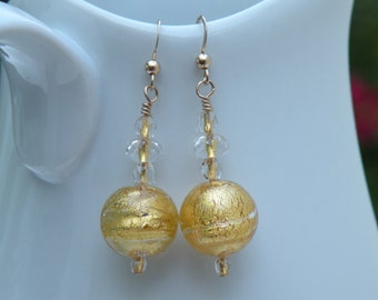 24 Karat Gold Foil Venetian Bead Earrings, Crystal Clear Murano Glass, Handmade 14mm Round