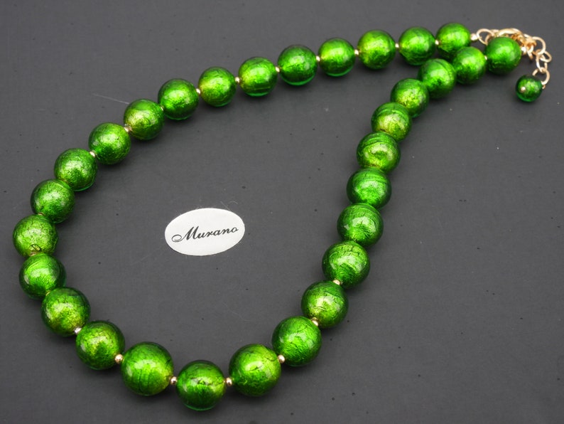 Green Murano Glass, Venetian Bead Necklace, 24 Karat Gold Foil, 12mm Round, Handmade, Lampworked, Emerald Green Italian Beads image 8