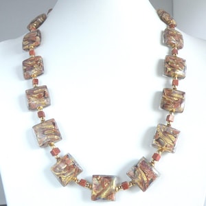 Aventurina and Amethyst Murano Glass, Square &quot;Bombata&quot; Venetian Beads, with 24 Karat Gold Foil, Handmade Necklace