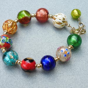 Murano Glass Bracelet, 14mm Assorted Lampworked Foil Beads, Handmade Venetian Beads, Gold Filled Clasp & Chain