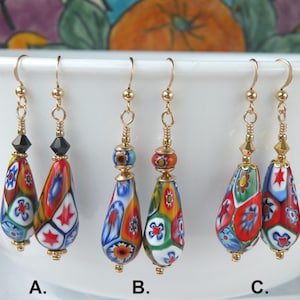 Millefiori Murano Glass, Venetian Bead Earrings, Large 23x12mm Teardrops, Red Faceted Crystals; Choice of Wires, Posts, or Leverbacks.