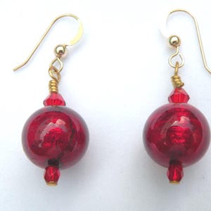 Murano Glass, Red Venetian Beads, 12mm, with 24 Karat Gold Foil, Dangle Earrings