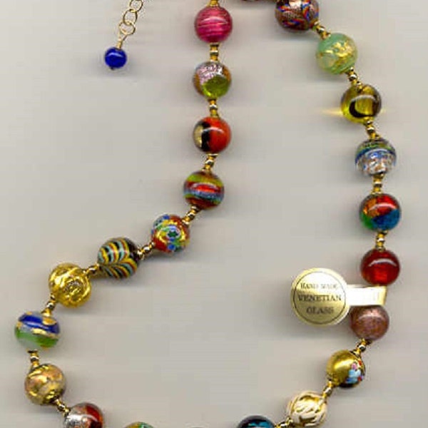 Murano Glass "Art Bead" Necklace, Assorted 14 to 18mm Round, Multicolored, Handmade,  Lampworked Venetian Glass, Gold Filled Clasp & Chain