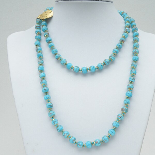 Aqua Blue Murano Glass, 8mm Aventurina Sommerso, Venetian Bead Necklace, Handknotted, in 2 Adjustable Lengths with Gold Link Chain