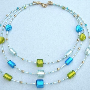 3 Strand Murano Glass Venetian Bead Necklace with Light Aqua, Bright Aqua, & Lime Green; Silver Lined Twisted Bugles, Gold Filled Clasp