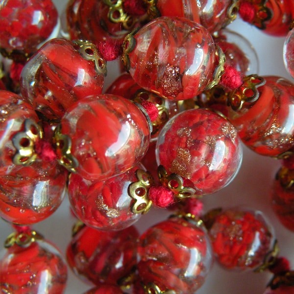 Vintage Red Murano Glass, Aventurina, 8mm Round Venetian Bead Necklaces, Available in Two Lengths, Adjustable Chain, Handknotted