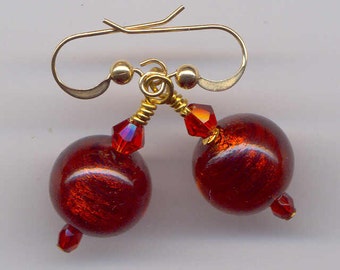 Murano Glass, Red Venetian Beads, 12mm, with 24 Karat Gold Foil, Dangle Earrings