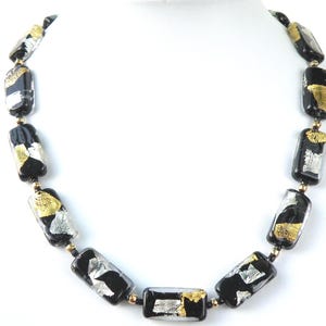 Black Murano Glass, Rectangle Venetian Beads, with Abstract Pieces of 24 Karat Gold Foil and Pure Silver Foil, Handmade Necklace