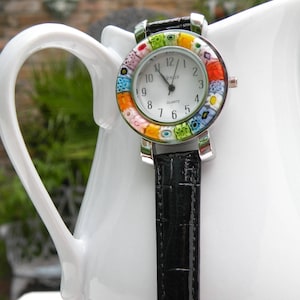 Large Millefiori,35mm Round Murano Glass Watch with a Quartz Movement and Multicolored Mosaic Italian Canes on the Crystal, Black Band.