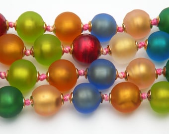 Vintage Venetian Murano Glass Multicolored Bead Necklace, 10-11mm "Satinato", mat finish, with 24 Karat Gold Foil, Italian Beads, 2 Lengths
