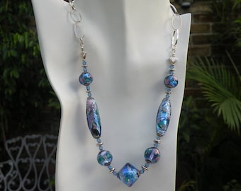 Murano Glass, Venetian Beads, "Monet's" Lily Pad, Blue, Violet and Silver Foil Handmade Lampworked Beads, Sterling Silver Chain  Necklace