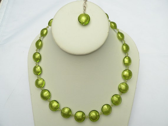 Lime Green, Peridot Colored Murano Glass Necklace, Venetian Bead 15mm Lentils, Discs with White Gold Foil; Sterling Silver Chain & Clasp