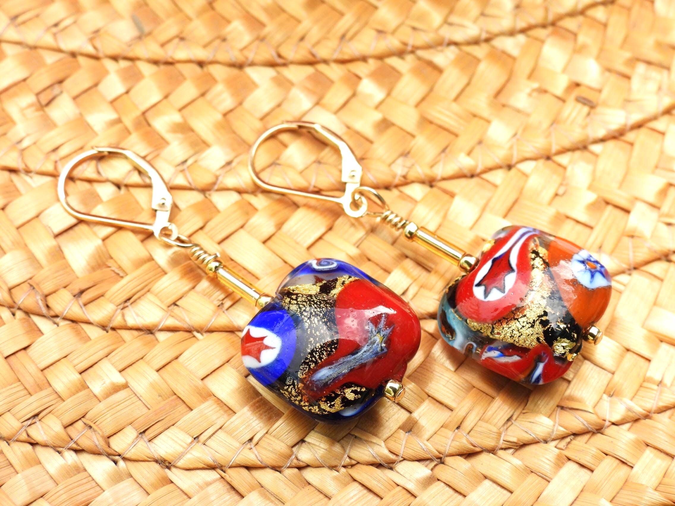 クリムト様式、ムラーノガラス、ミルフィオリイヤリング、16mmの