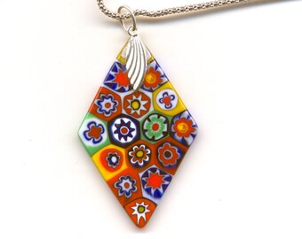 ミルフィオリ ムラーノガラス ダイヤモンド型 48 x 30 mm ペンダント