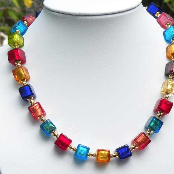 Venetian Bead 11mm Foil Cubes, Murano Glass Necklace, Multicolored Italian Cubes, Gold Filled Chain and Clasp, Available in 2 Lengths