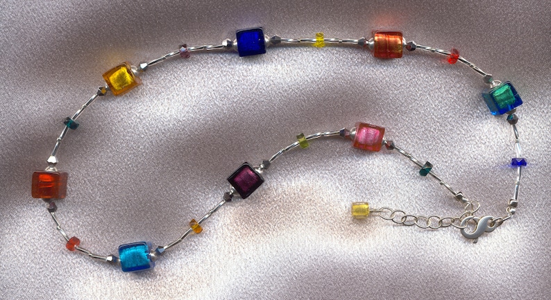Murano Glass Multicolored Venetian Cube Shaped Beaded Necklace with Foil and Crystal Accents with Sterling Silver Clasp and Adjustable Chain