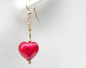 Small Red Murano Glass Heart Earrings, with 24 Karat Gold Foil, Handmade Venetian Beads, Gold Filled Wires, or Posts, or Leverbacks