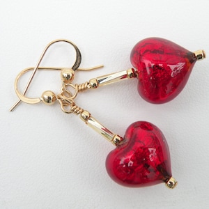 Small Red Murano Glass Heart Earrings, with 24 Karat Gold Foil, Handmade Venetian Beads, Gold Filled Wires, or Posts, or Leverbacks
