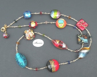 Long 31 Inch Venetian Bead Necklace, with Multicolored Murano Glass Beads, Artistic, Abstract , Alessandros Design