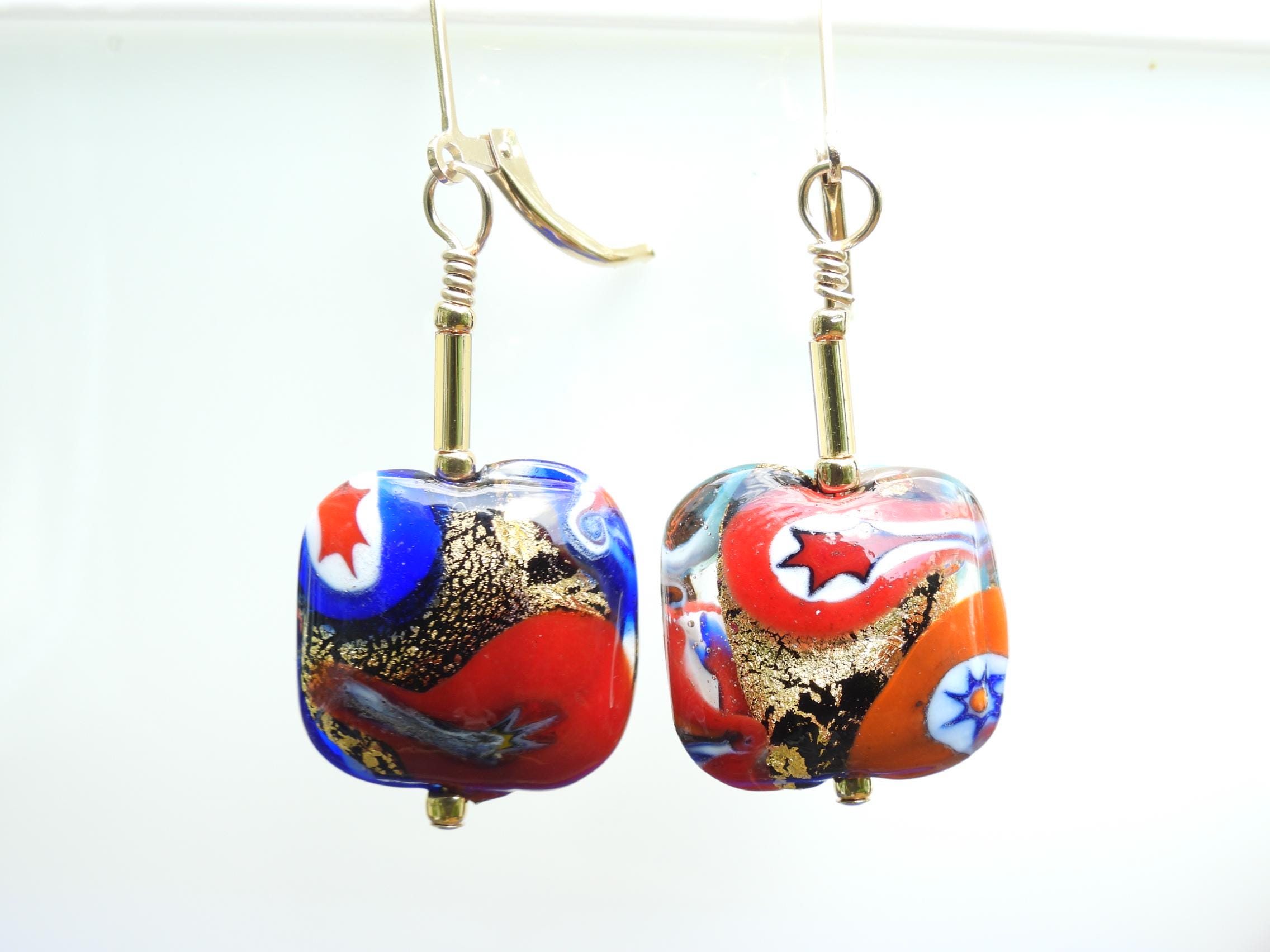 クリムト様式、ムラーノガラス、ミルフィオリイヤリング、16mmの