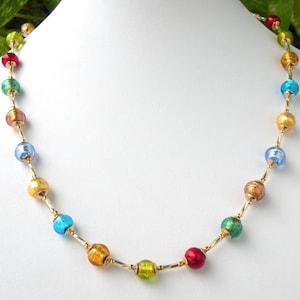 Round 8mm Murano Glass, Multicolored, Foil Venetian Bead Necklace, 18 1/4 to 20 1/4 Inches, Gold Filled Clasp and Chain
