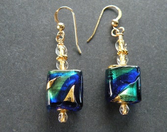 Murano Glass, 13 mm Square, 24 Karat Gold Foil  "Exposed Gold" Venetian Bead Earrings, Aqua, Cobalt Blue, Handmade Beads