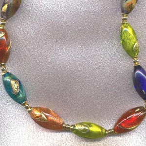 Murano Glass, Venetian Bead Necklace, with Multicolored Oval, &quot;Exposed Gold&quot; Beads; handmade with 24 Karat Gold Foil and Murano Glass.