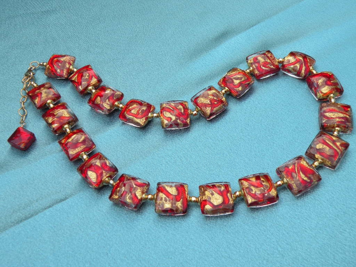 Red Murano Glass Bead Necklace 18mm Square Bombata Etsy
