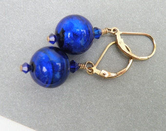Cobalt Blue Murano Glass Earrings, 12mm Round Venetian Beads, Handmade, Lampworked, Italian Beads, Wirewrapped