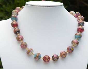 Pastel Vintage Fiorato "Wedding Cake" Murano Glass Venetian Bead Necklace, 14mm Antique Fiorato Handmade Italian Beads, Gold Clasp & Chain