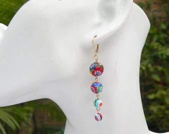 Finest Millefiori Murano Glass Venetian Bead Earrings, with 4 Graduated Round Beads; 12mm, 10mm, 8mm, and 6mm Smooth Finished Italian Beads