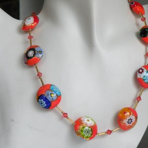 Orange Coral Murano Glass Necklace, 21mm Venetian Bead Discs, Millefiori Lente Shaped Handmade Beads, Swarovski Crystals, Gold Filled Clasp