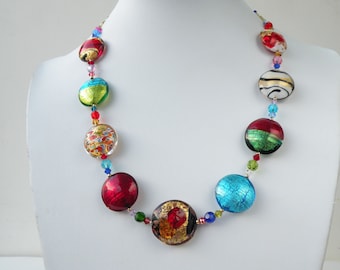Murano Glass, Disc Shaped Venetian Bead Necklace, Artistic Murano Glass with Gold & White Gold Foil, Faceted Crystals, Gold Filled Clasp